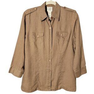 CHAUS Womens Brown Organic Linen Boho Pockets Roll Sleeve Tab Button Up Top S